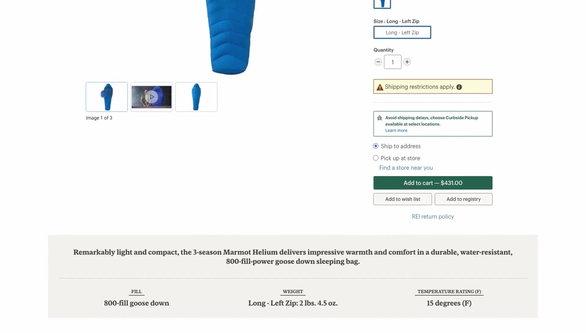 Price tag for Marmot Helium sleeping bag