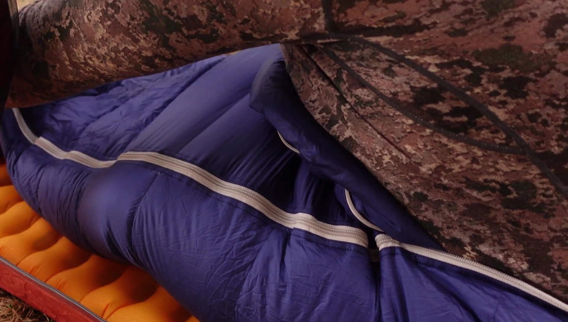 Close-up of sleeping bag zipper