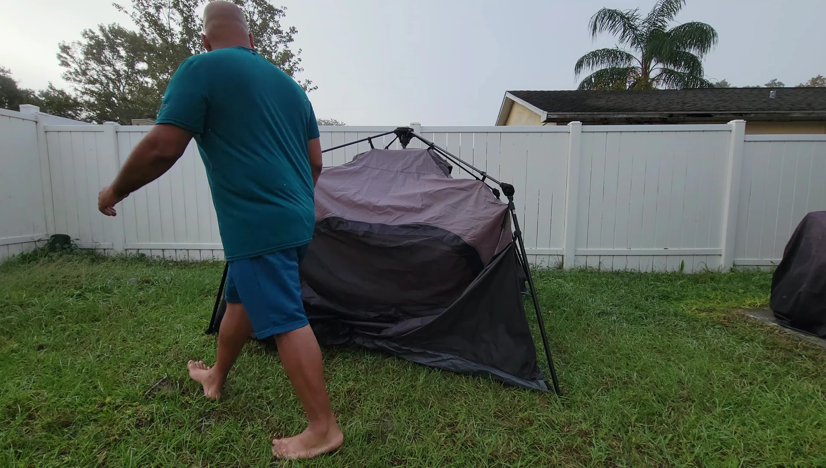 The tent almost fully assembled, highlighting the ease of setup.
