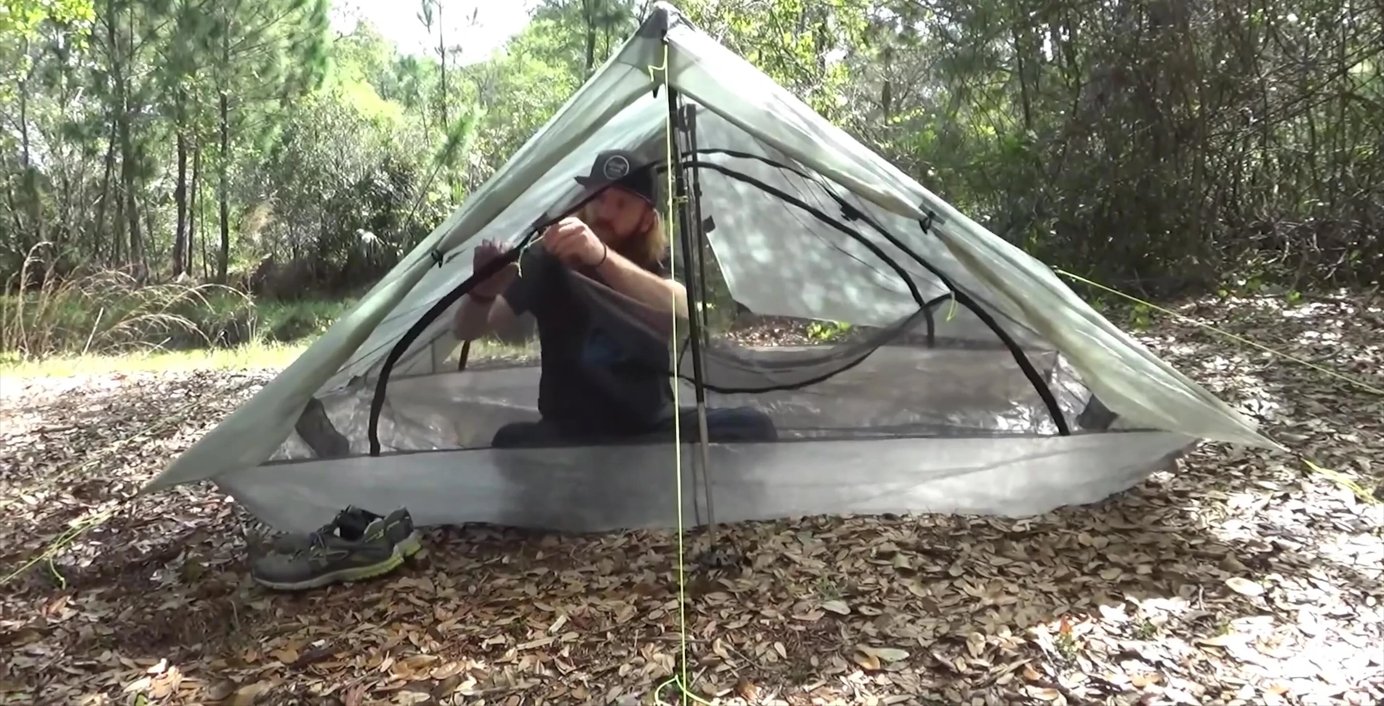 Shot showcasing the tent's doors and zippers