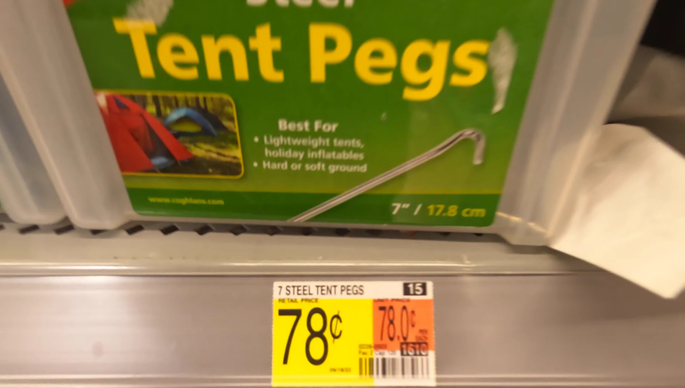 Close-up of basic steel tent pegs