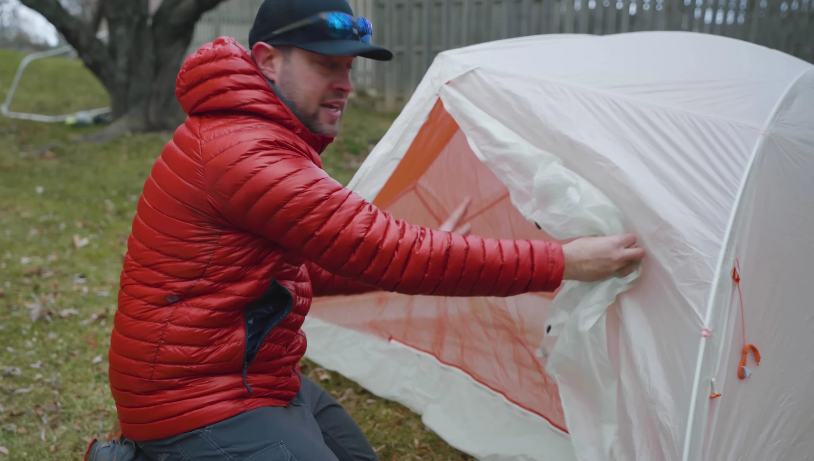 Close up of the inner and outer layers of a double wall tent