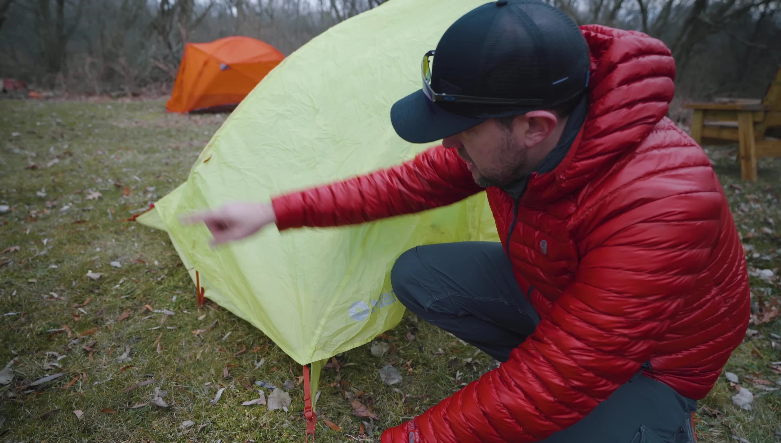 Detail of staked semi-freestanding tent