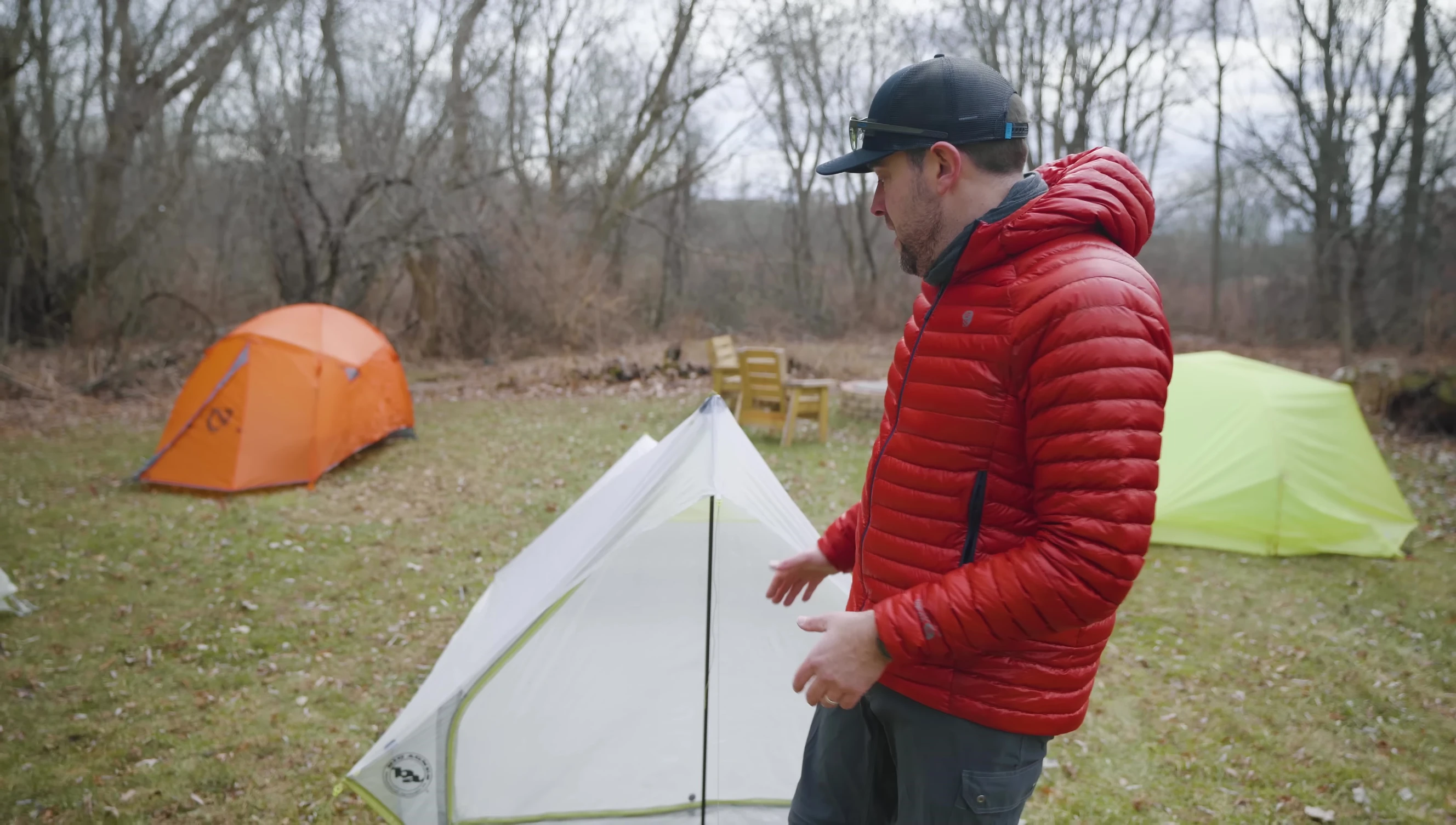 Setting up a trekking pole tent