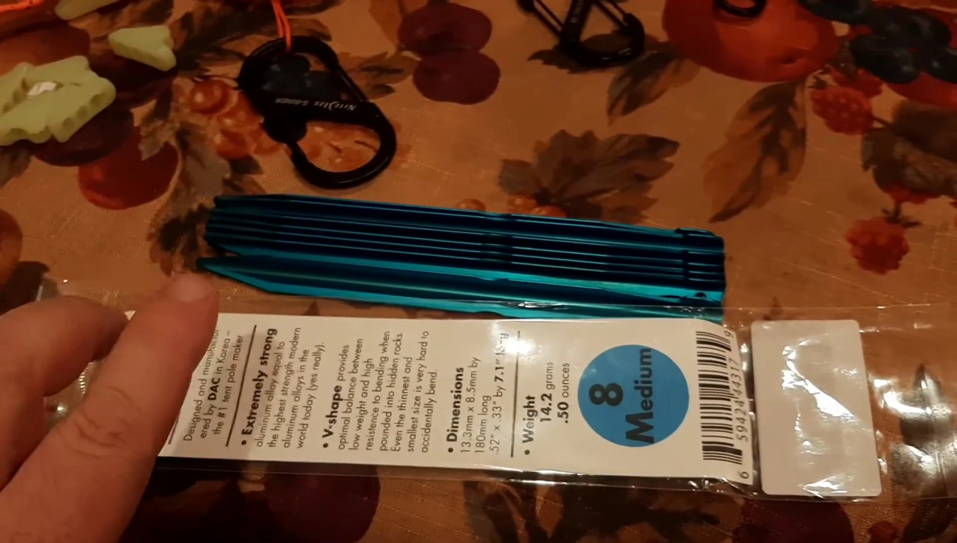 Close-up of the V-Best tent stakes