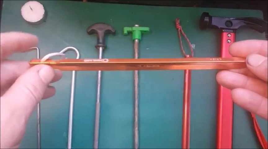 Close-up of Coghlan's Y-beam tent stakes.