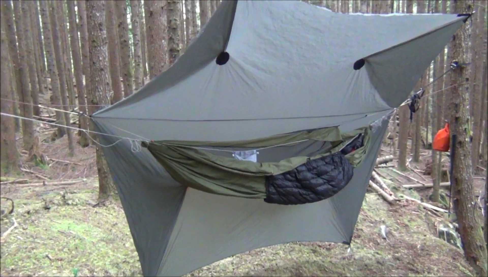 Overhead shot of the Warbonnet Superfly tarp setup using REI tent poles