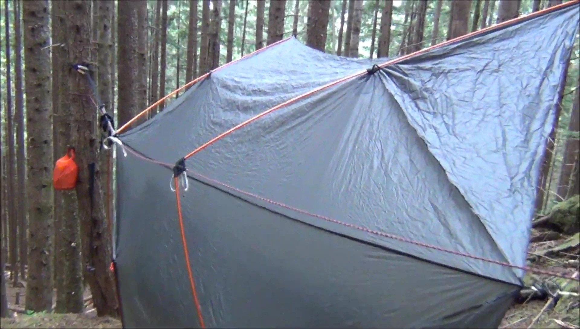 Close-up view of the tent poles supporting the Superfly tarp