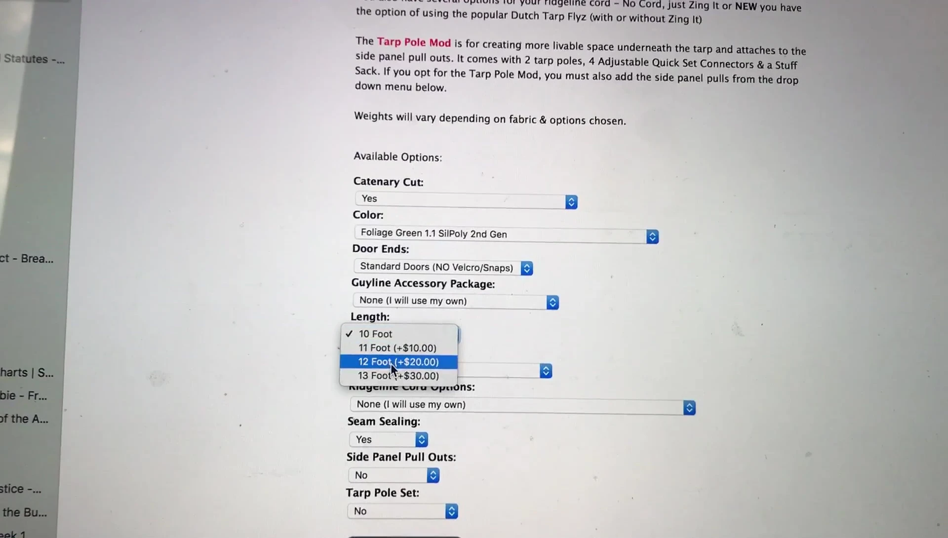 Screenshot of Simply Light Designs website showing customization options