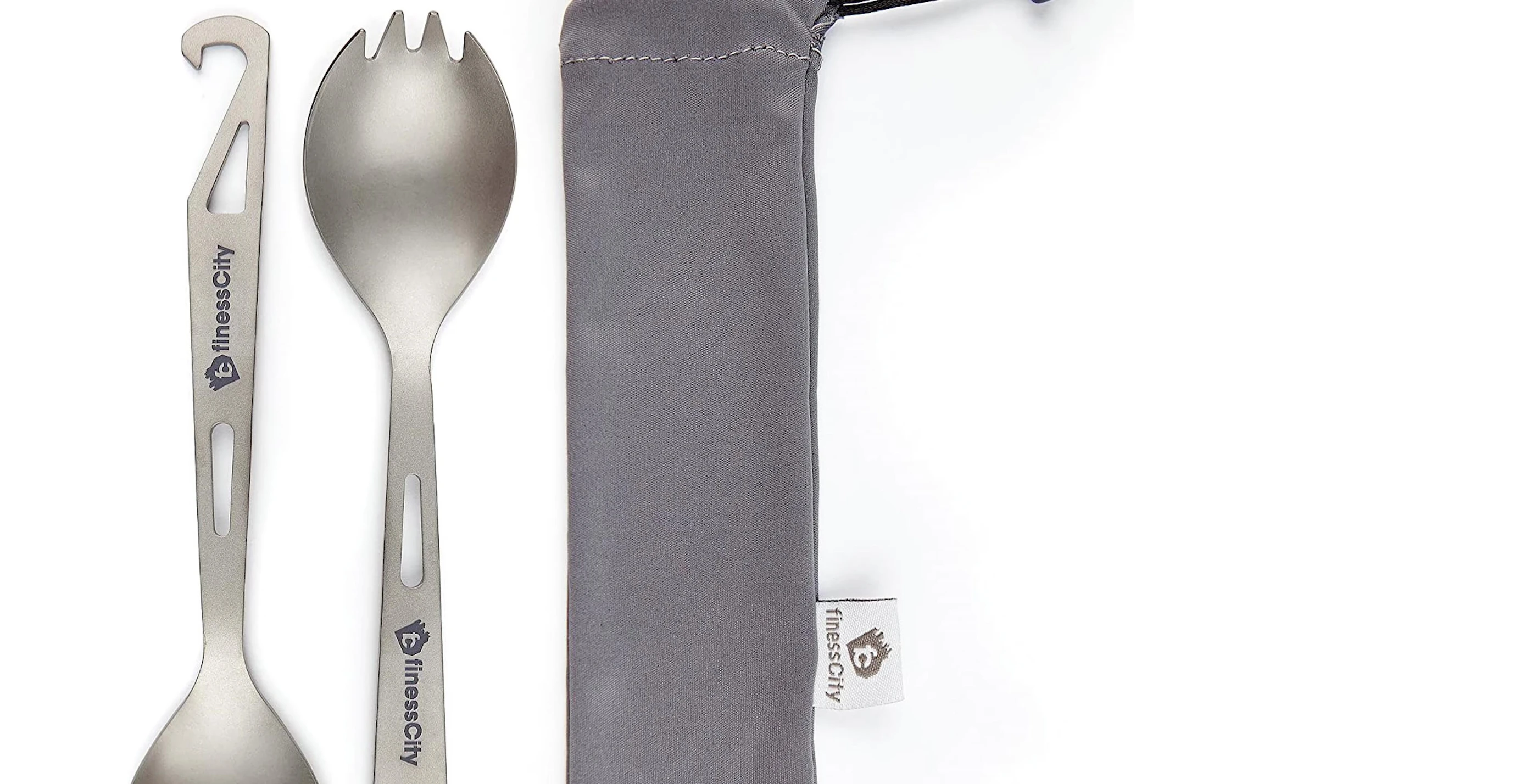 The utensil shown being clipped onto a carabiner.