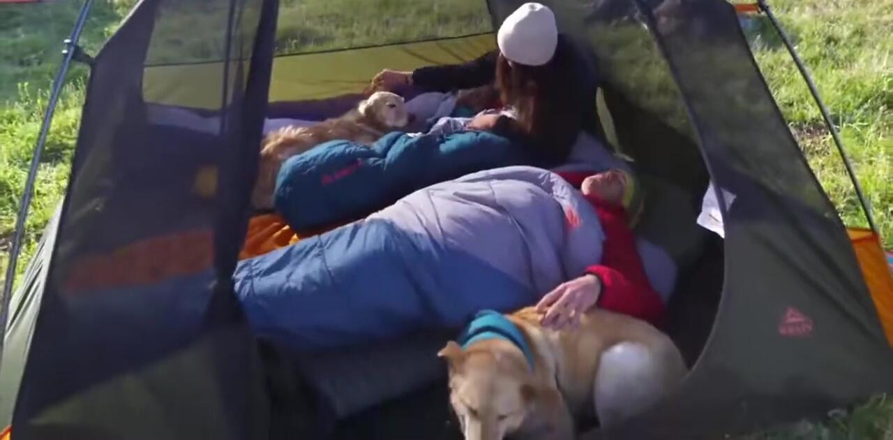 Person comfortably inside the Kelty Cosmic Synthetic Sleeping Bag, highlighting the spacious footbox.