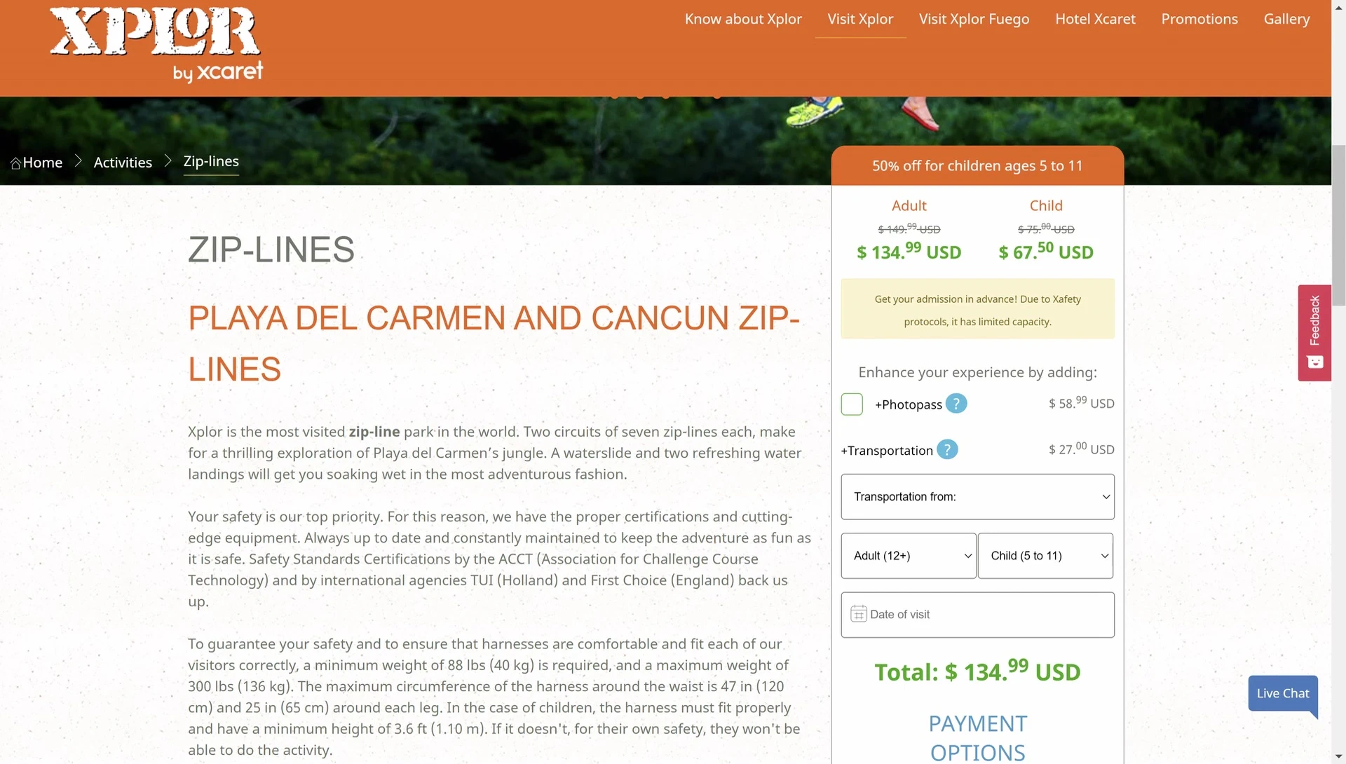 Screenshot of Xplor Park's pricing information.