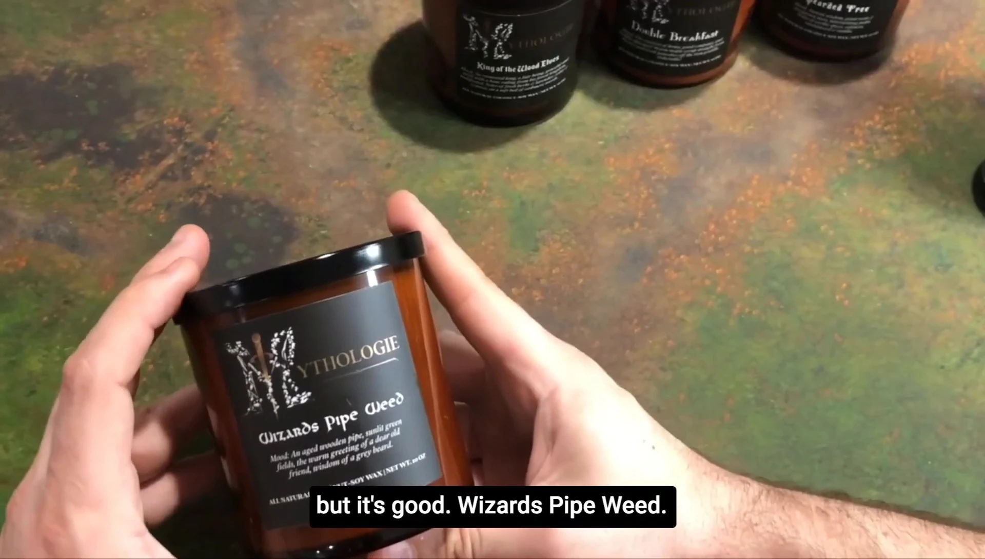 Wizard's Pipe Weed candle being discussed.