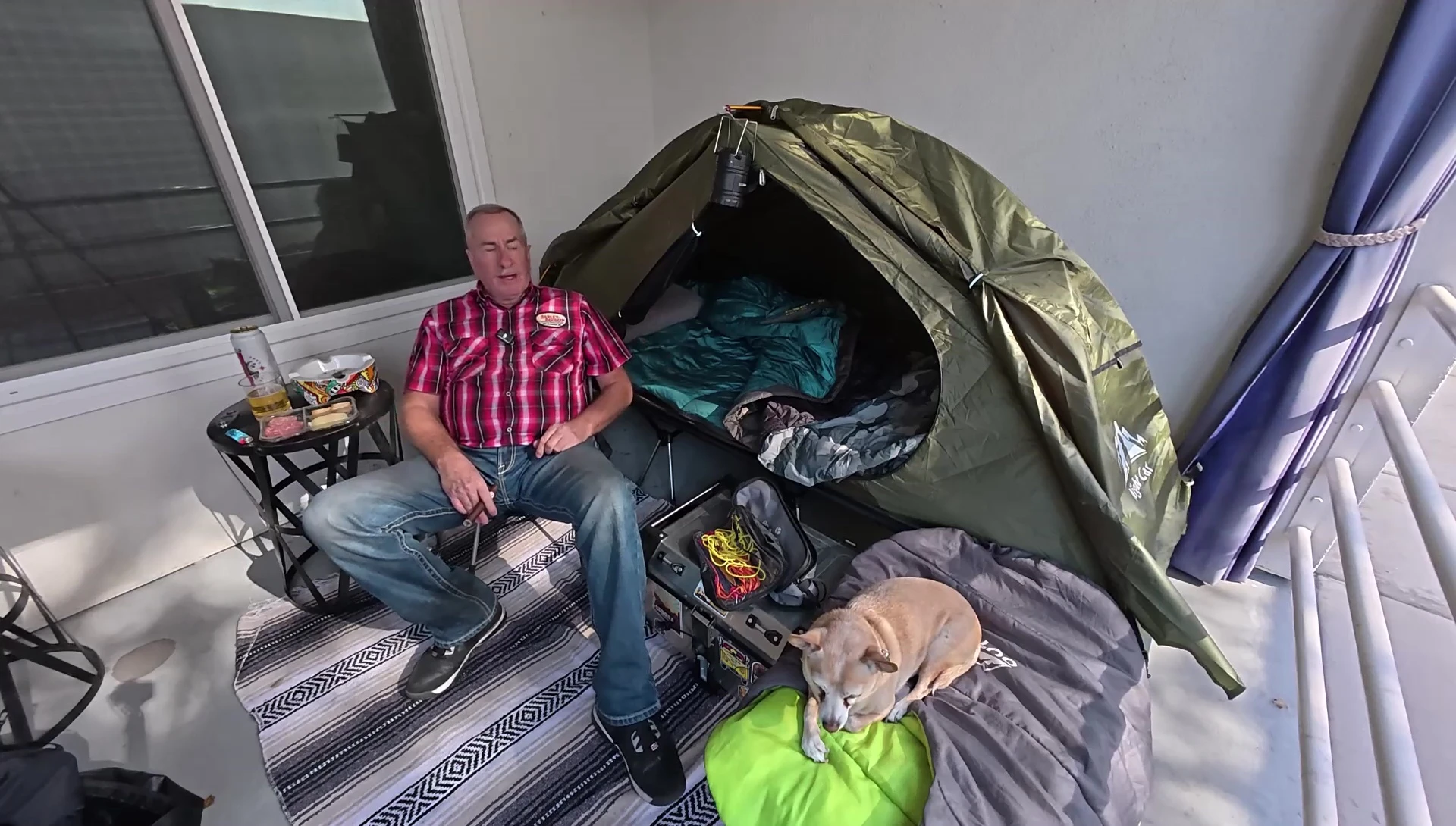 Close-up of a basic backpacking cot and inflatable mattress.