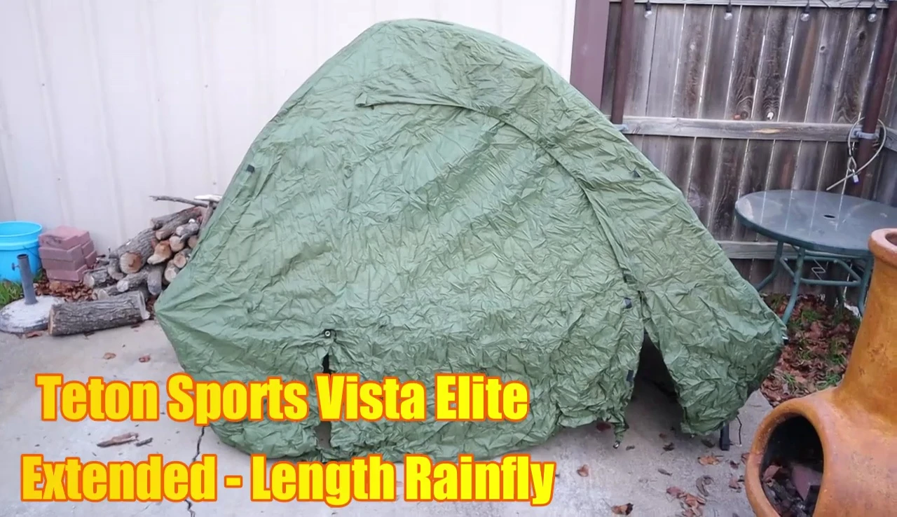 The extended-length rainfly shown, demonstrating the improved coverage.