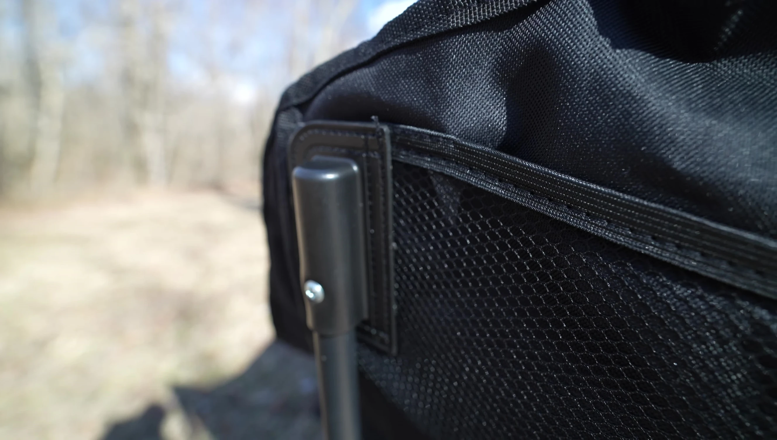 Close-up of the reinforced plastic corners of the chair's frame.