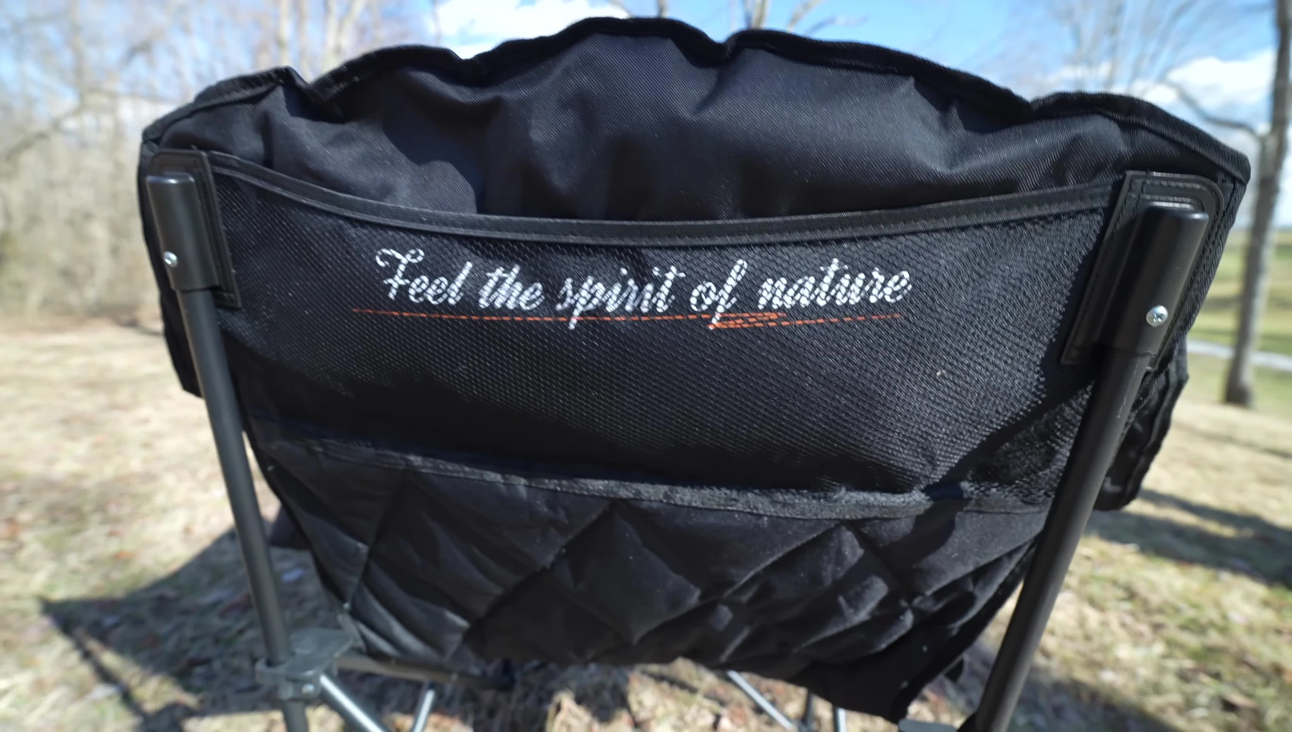 View of the chair's mesh pocket on the back.