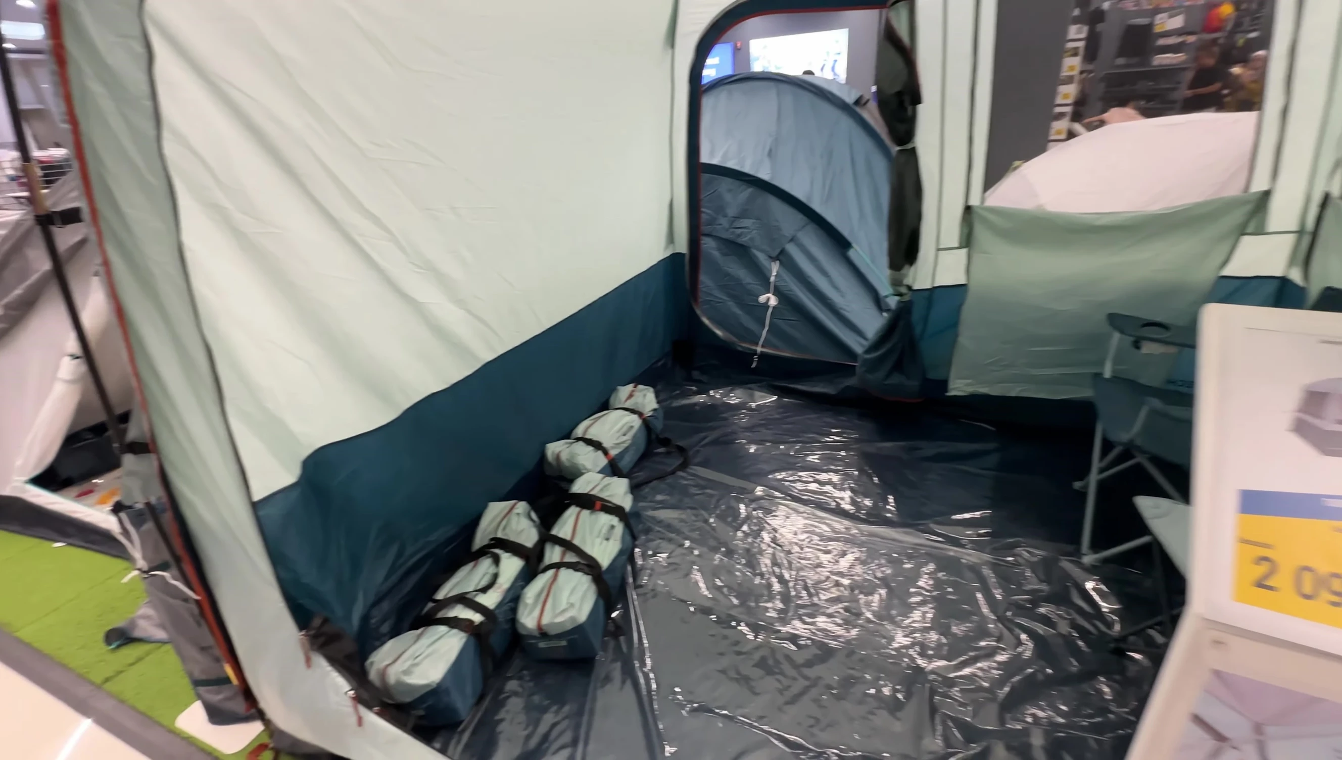 Shot of the price tag or screen showing the price of a different tent.