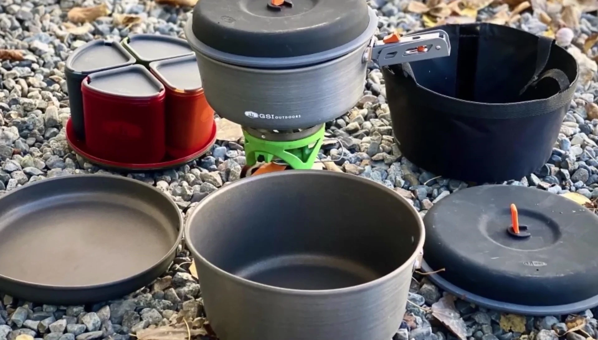 The GSI Outdoors Pinnacle Camper Cooking Set components