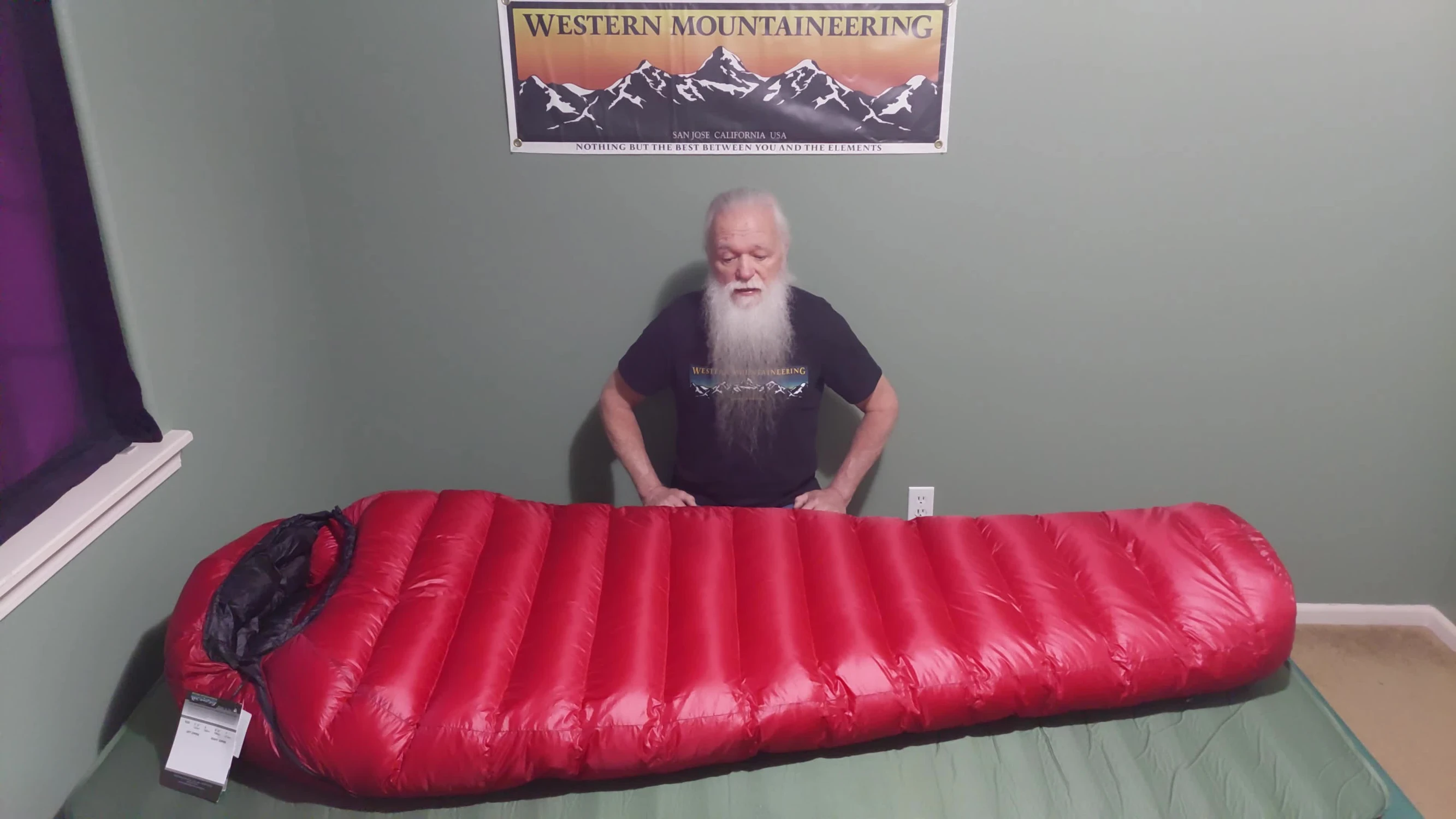 Close-up of the Western Mountaineering Alpinlite sleeping bag label