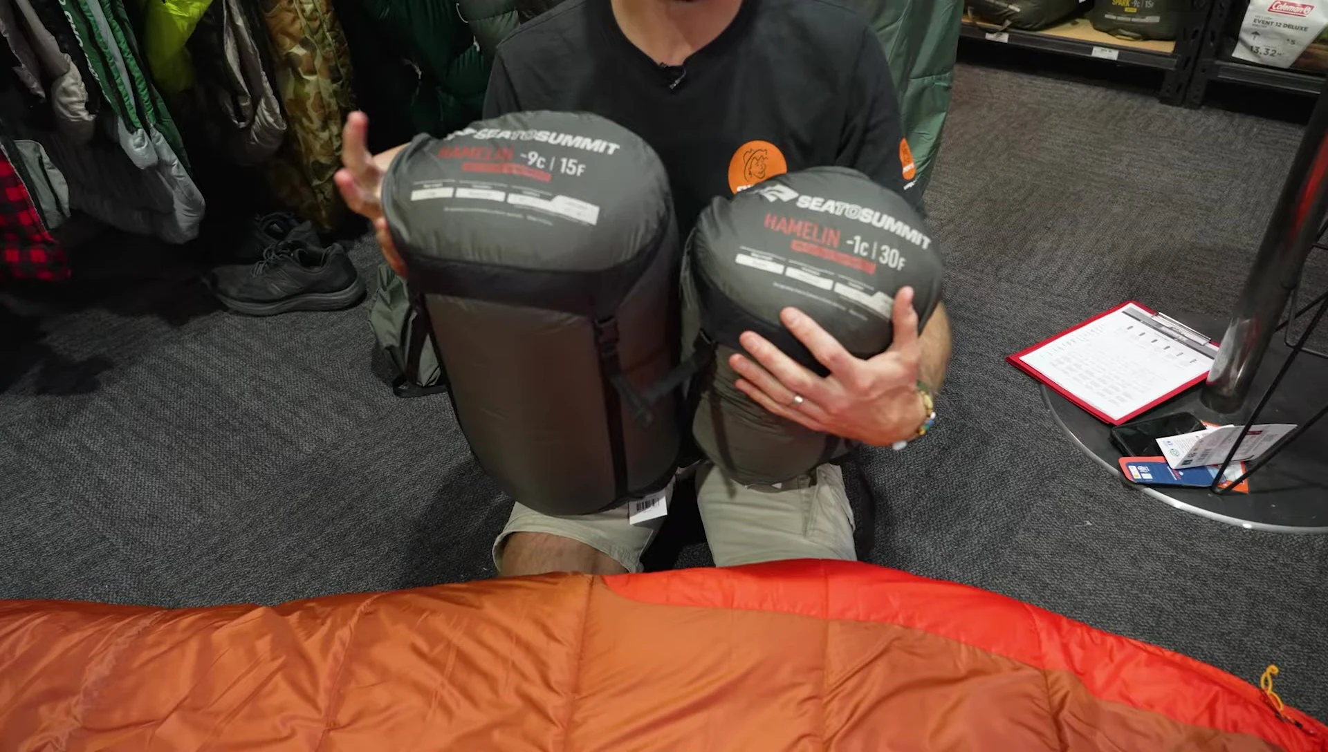 Demonstration of the packed sleeping bag size.