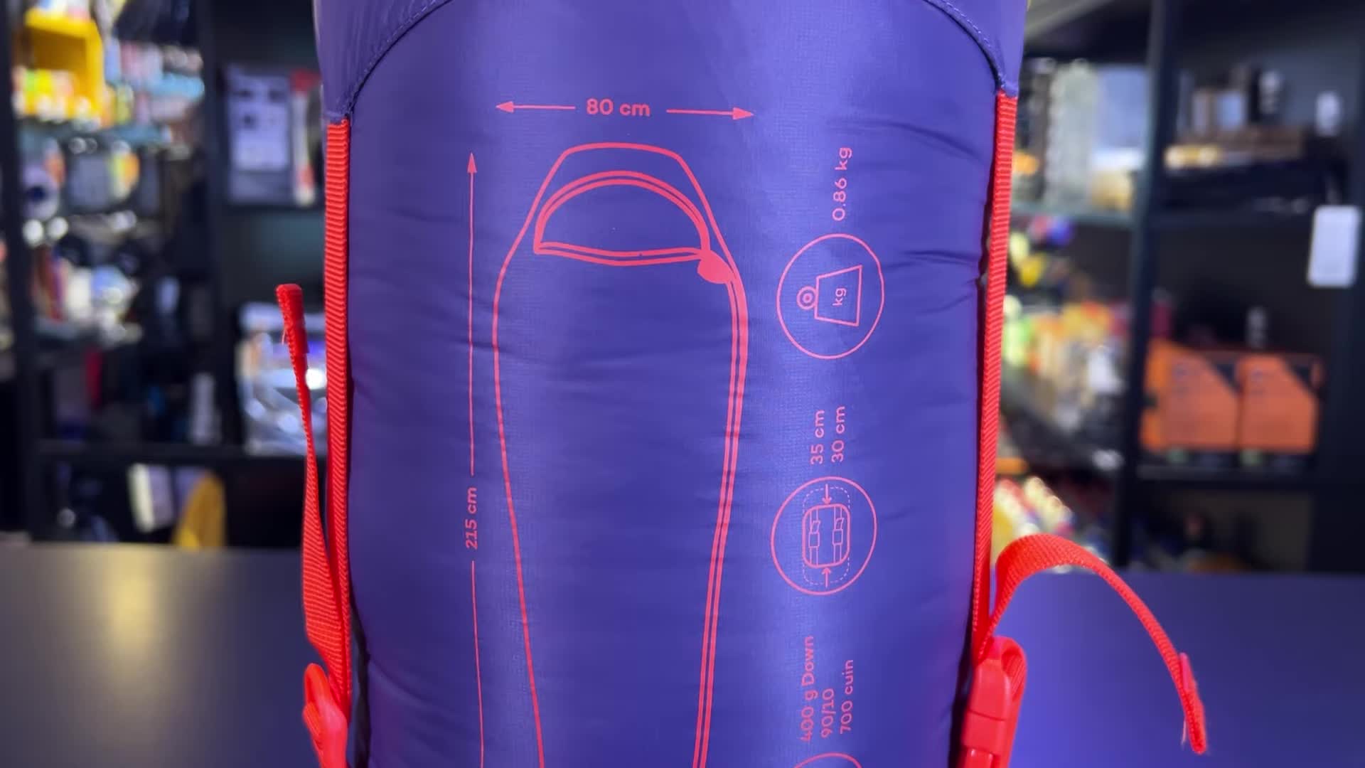 Close-up of the Ferrino Diablo sleeping bag showcasing its sarcophagus design.