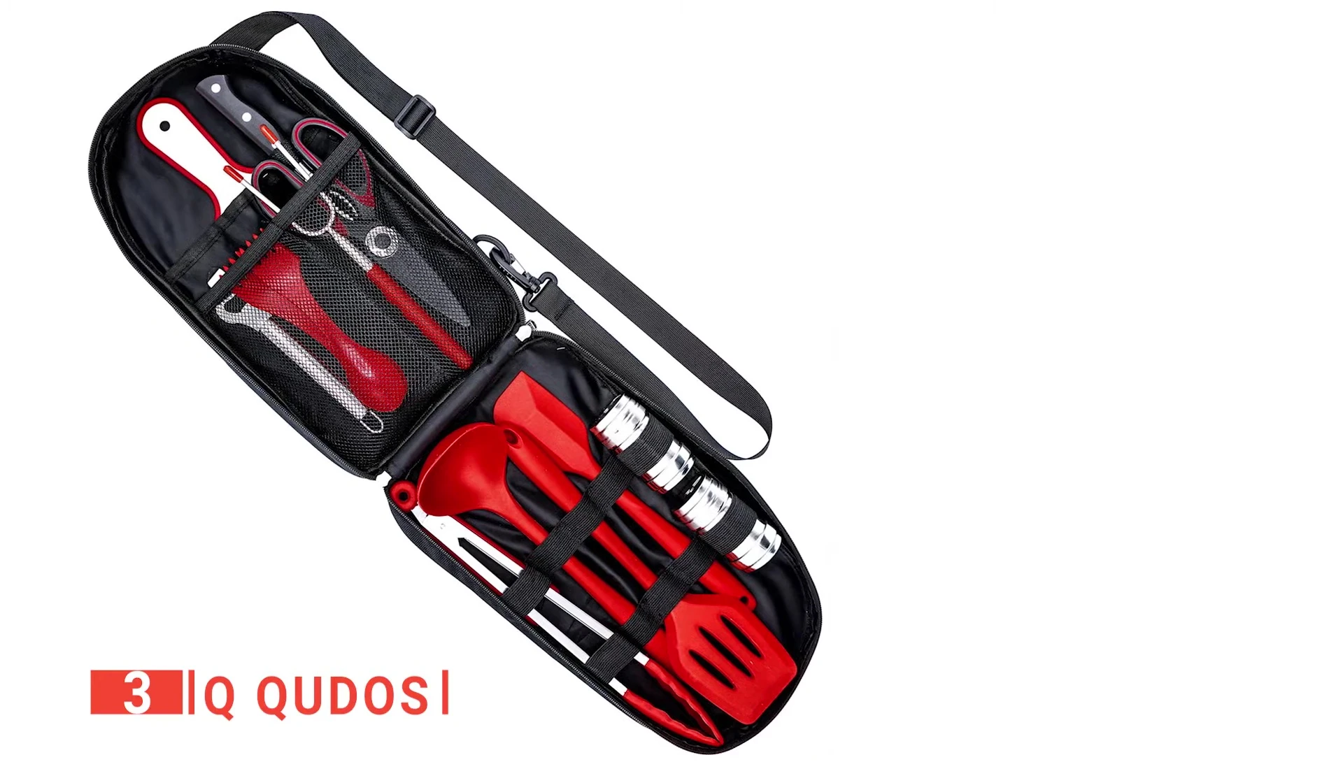 Highlighting the crossbody bag and various utensils