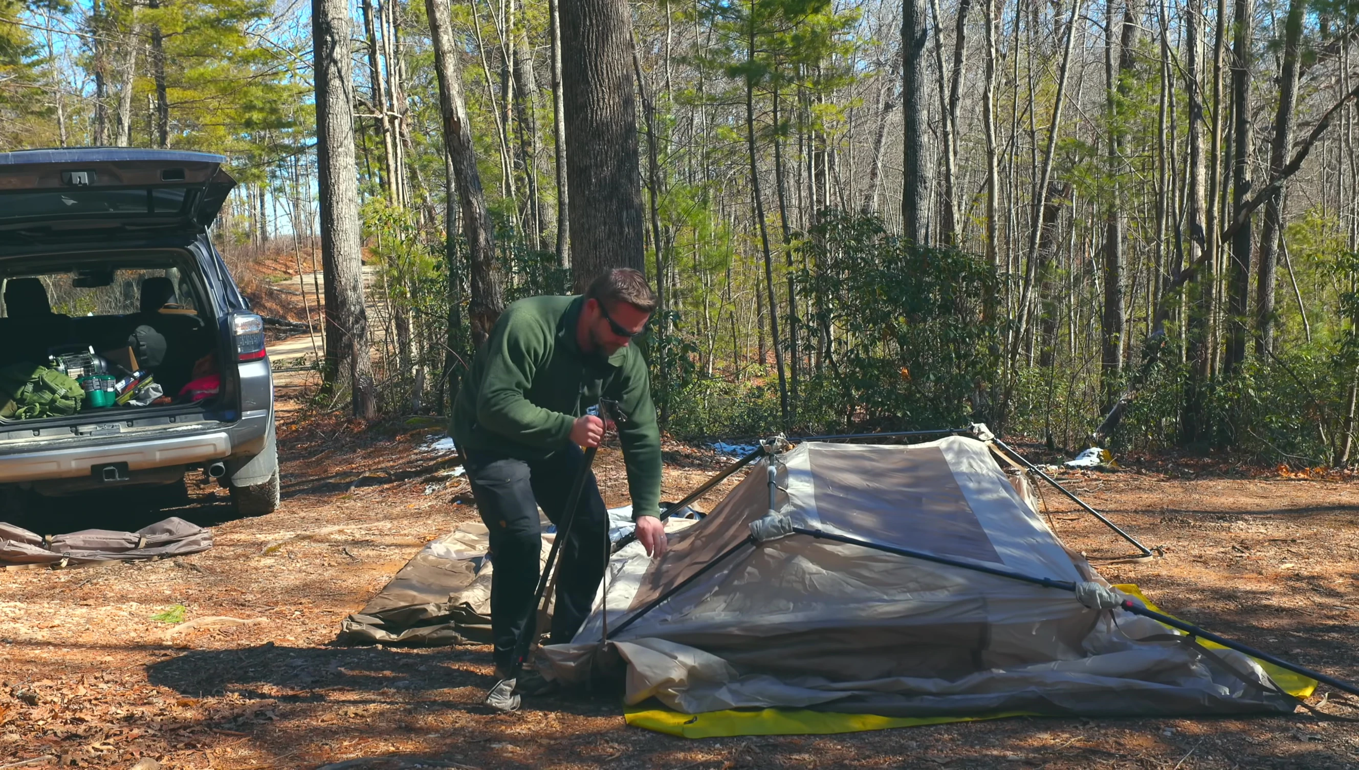 The tent's instant setup process.