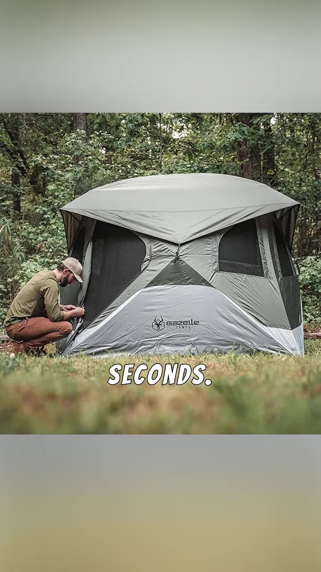 The Gazelle T4 Hub Tent being shown during a setup demonstration.