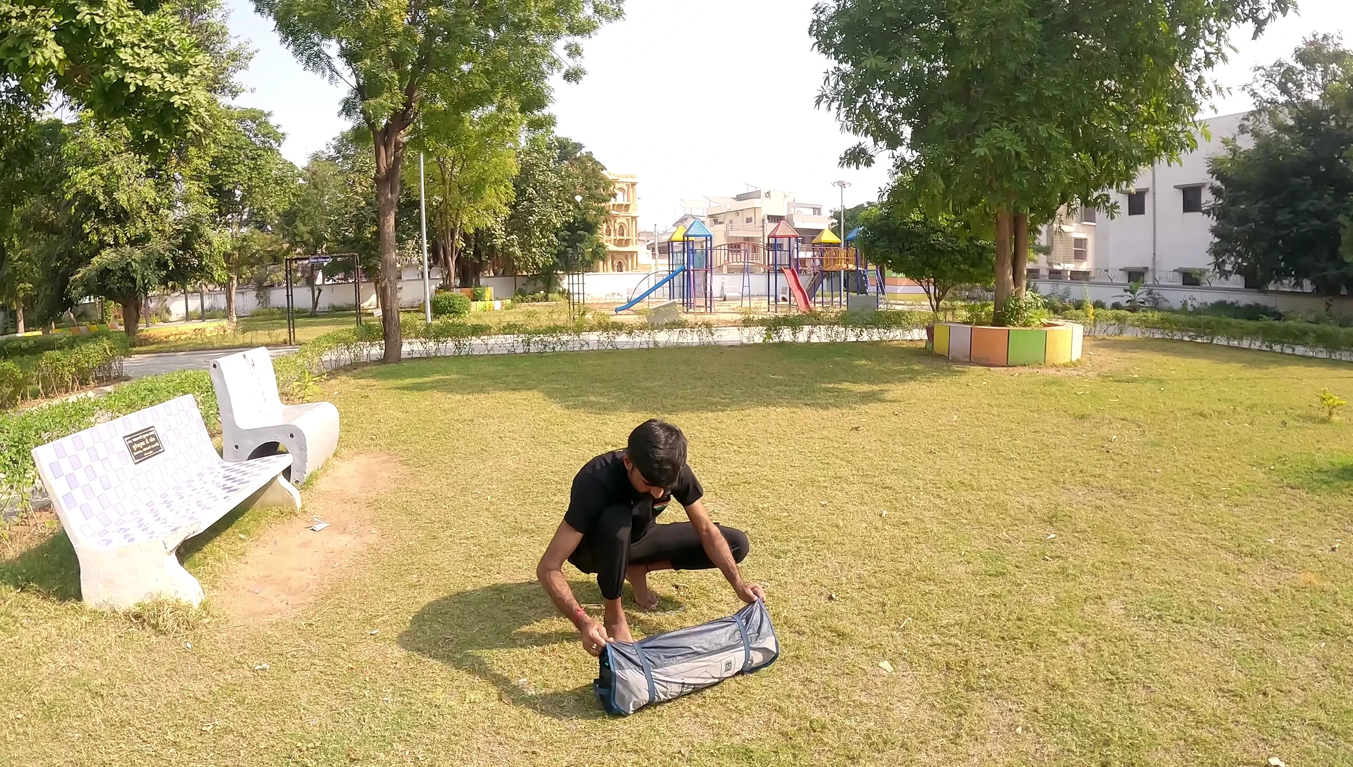 The reviewer packing up the tent.
