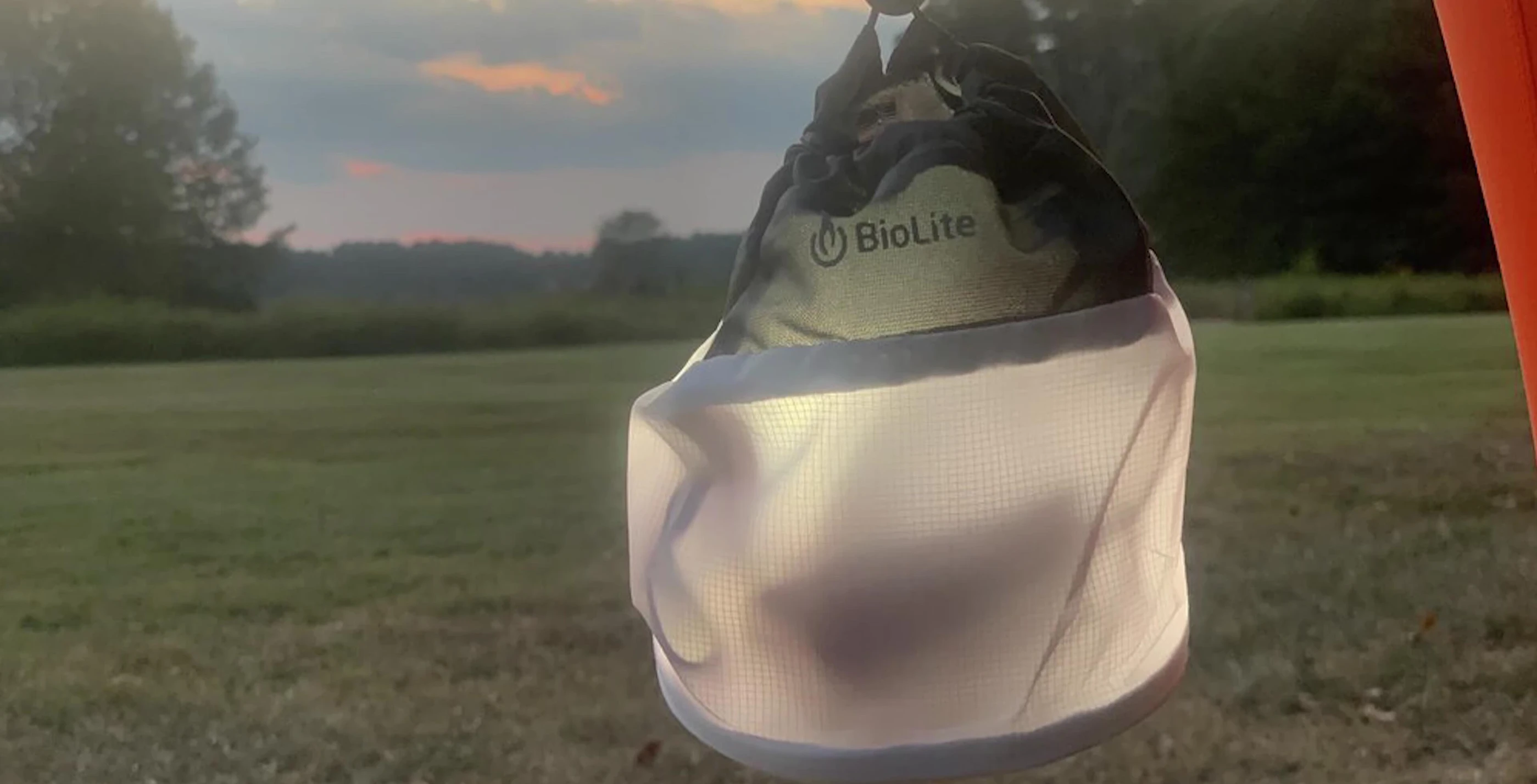 The BioLite headlamp with its light-diffusing stuff sack.