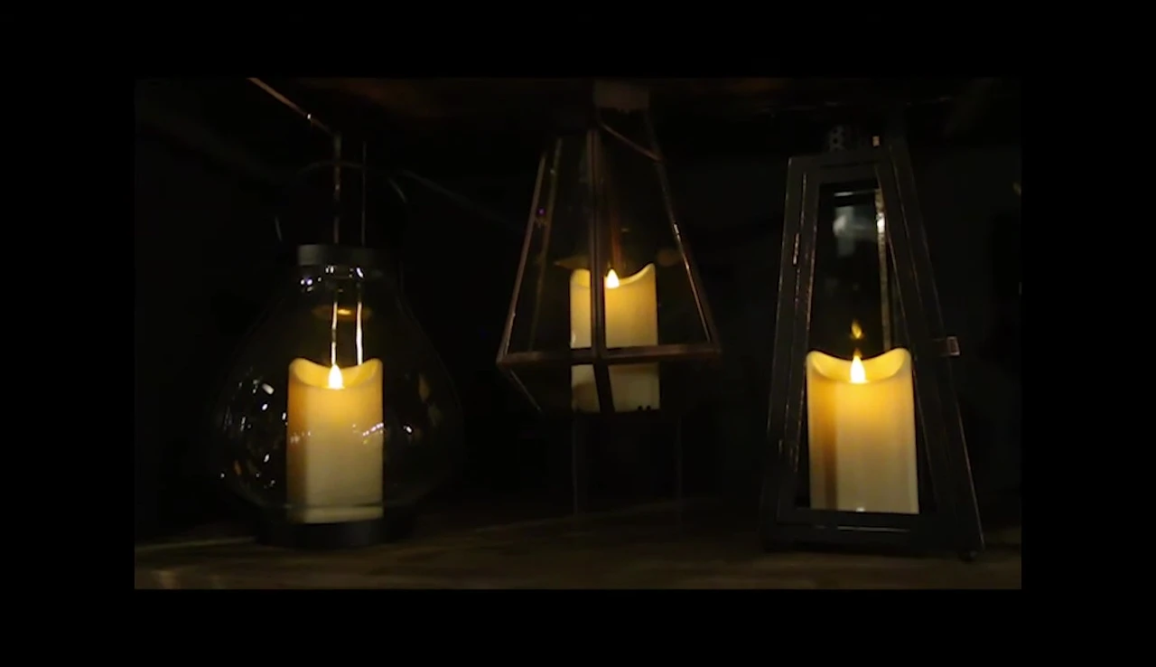 Lanterns with moving flame candles, displayed in various settings