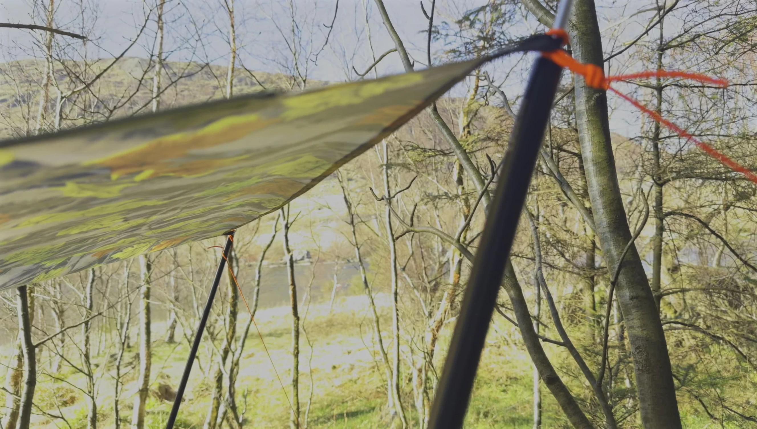 Close-up of the orange bungee cords and rainfly.
