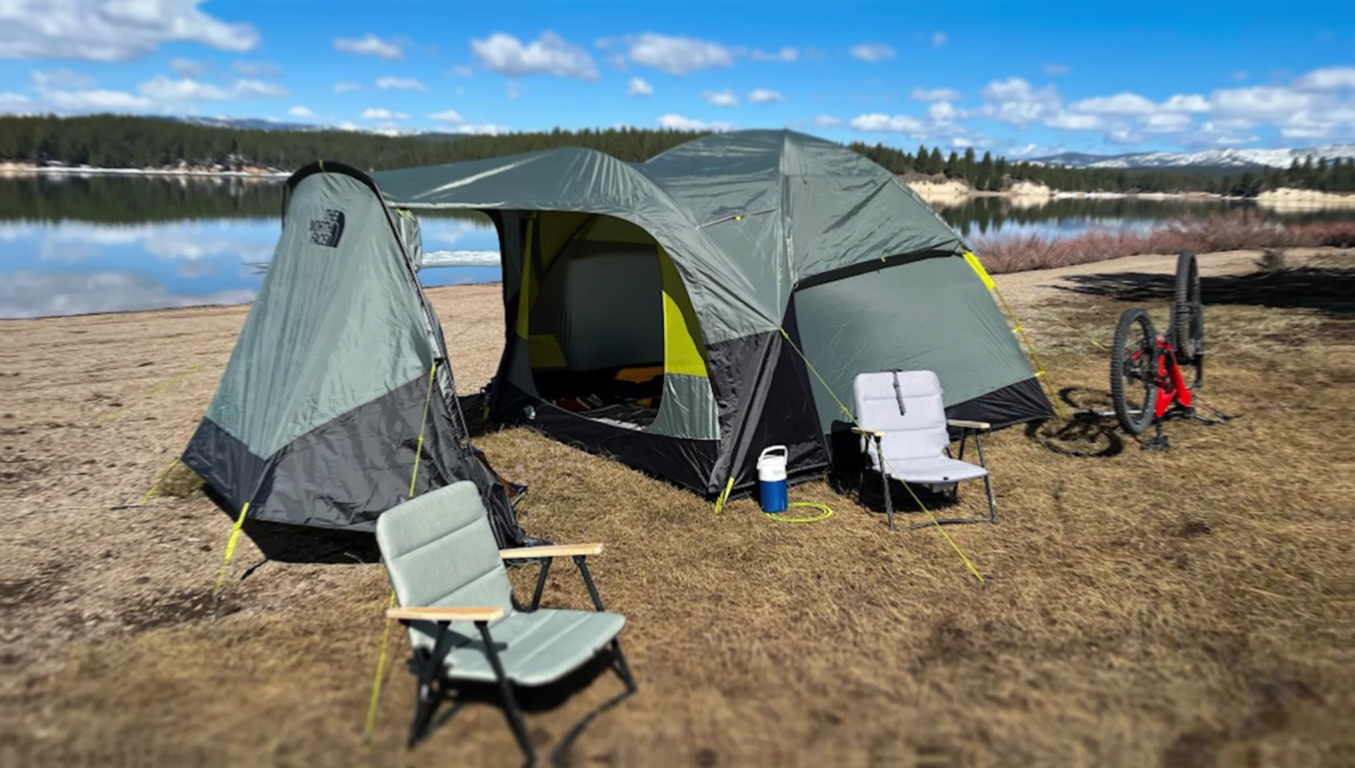 Exterior shot of the North Face Wona 6 tent, highlighting its size and vestibule.