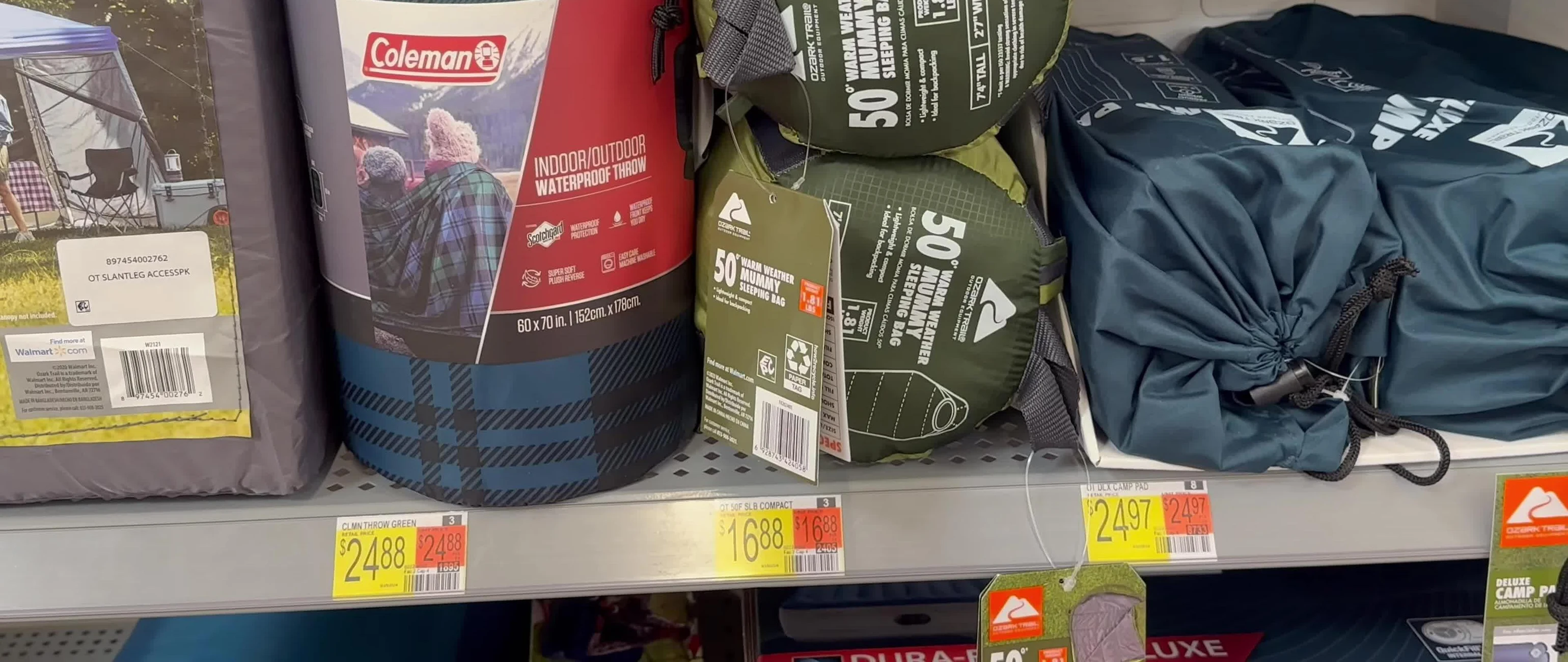 Close-up of the Ozark Trail sleeping bag on the Walmart shelf.