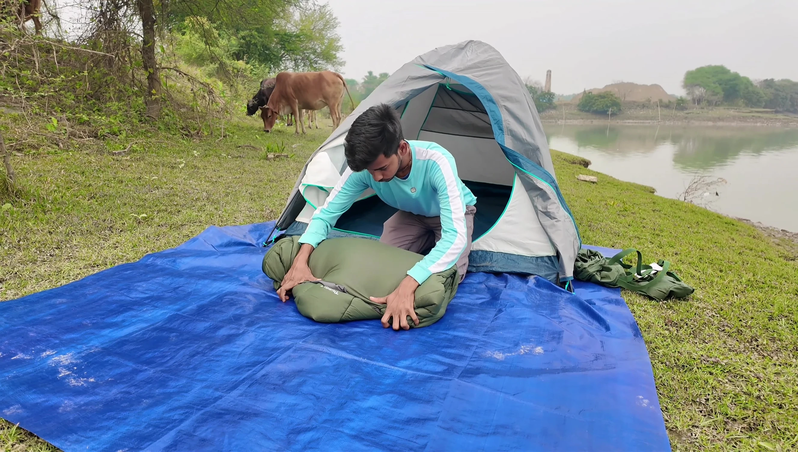 The sleeping bag partially packed.