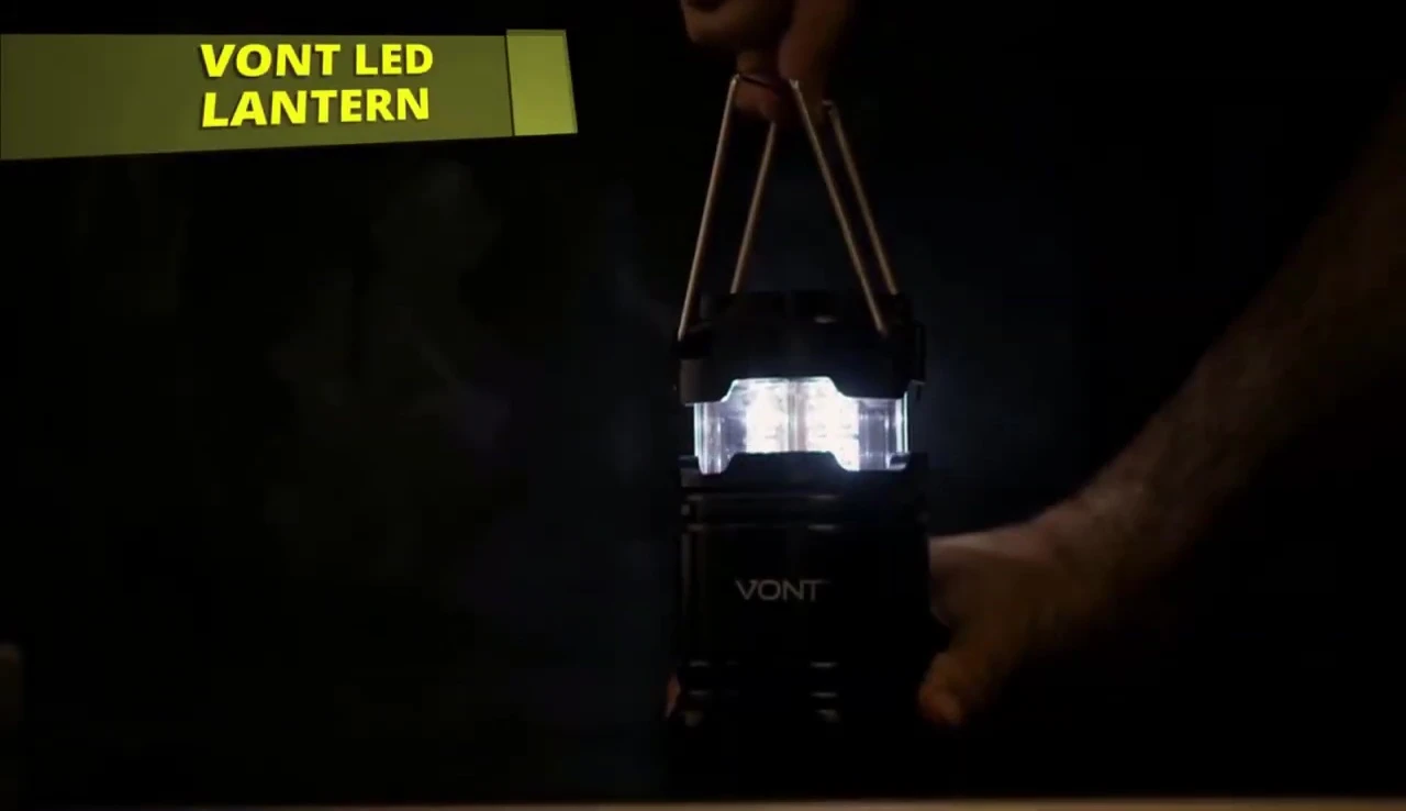 VOC 2-Pack LED camping lantern in its expanded and collapsed states.