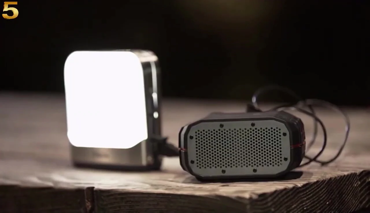 Close-up shot of the BioLite Base Lantern XL USB ports and battery indicator.