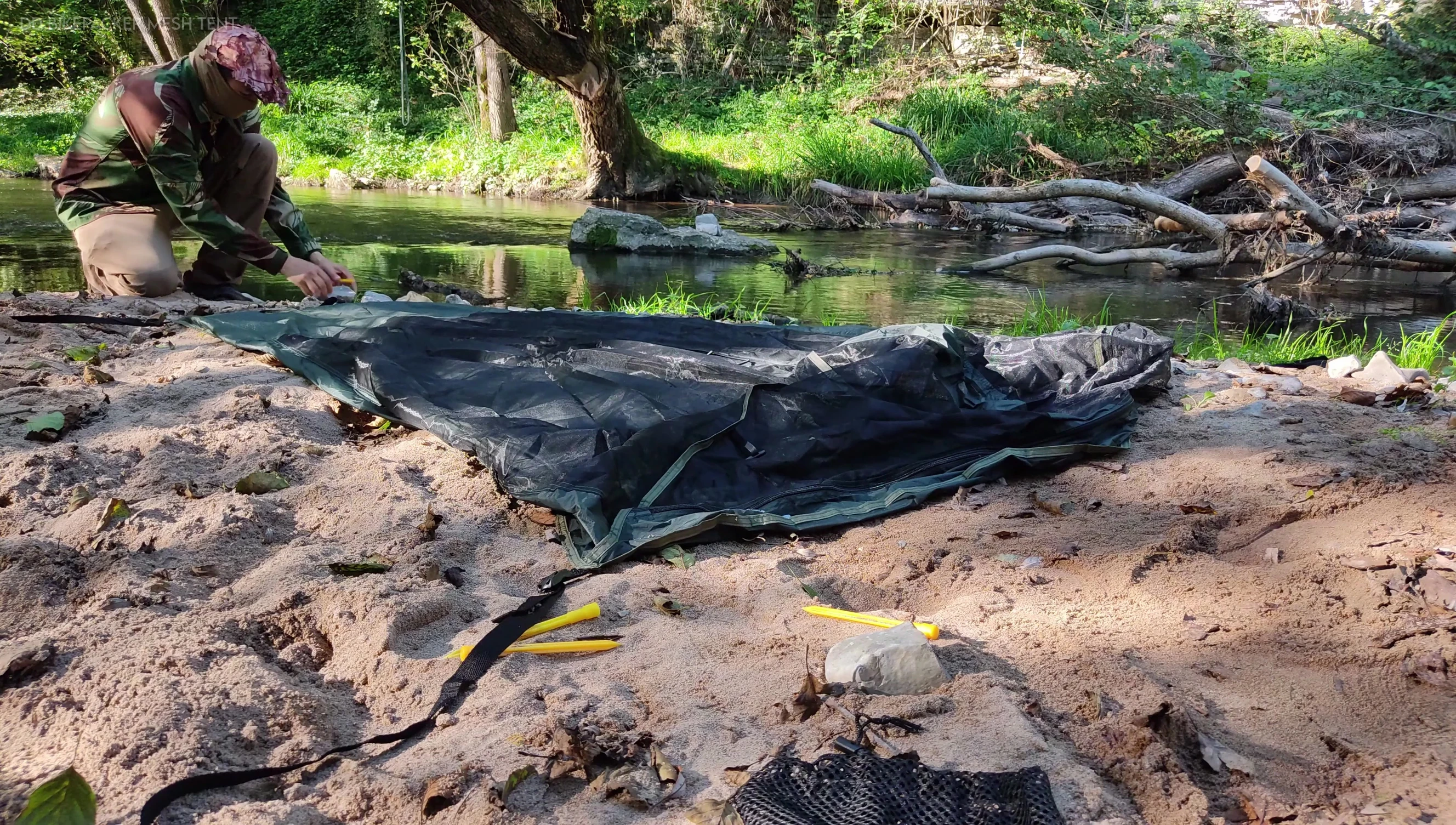 Close-up of the guy ropes sewn to the tent floor.