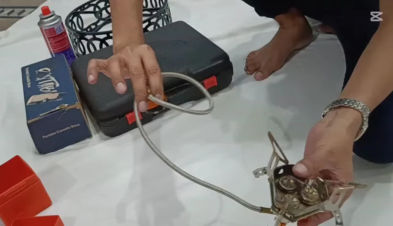 The assembled camping stove ready for use.