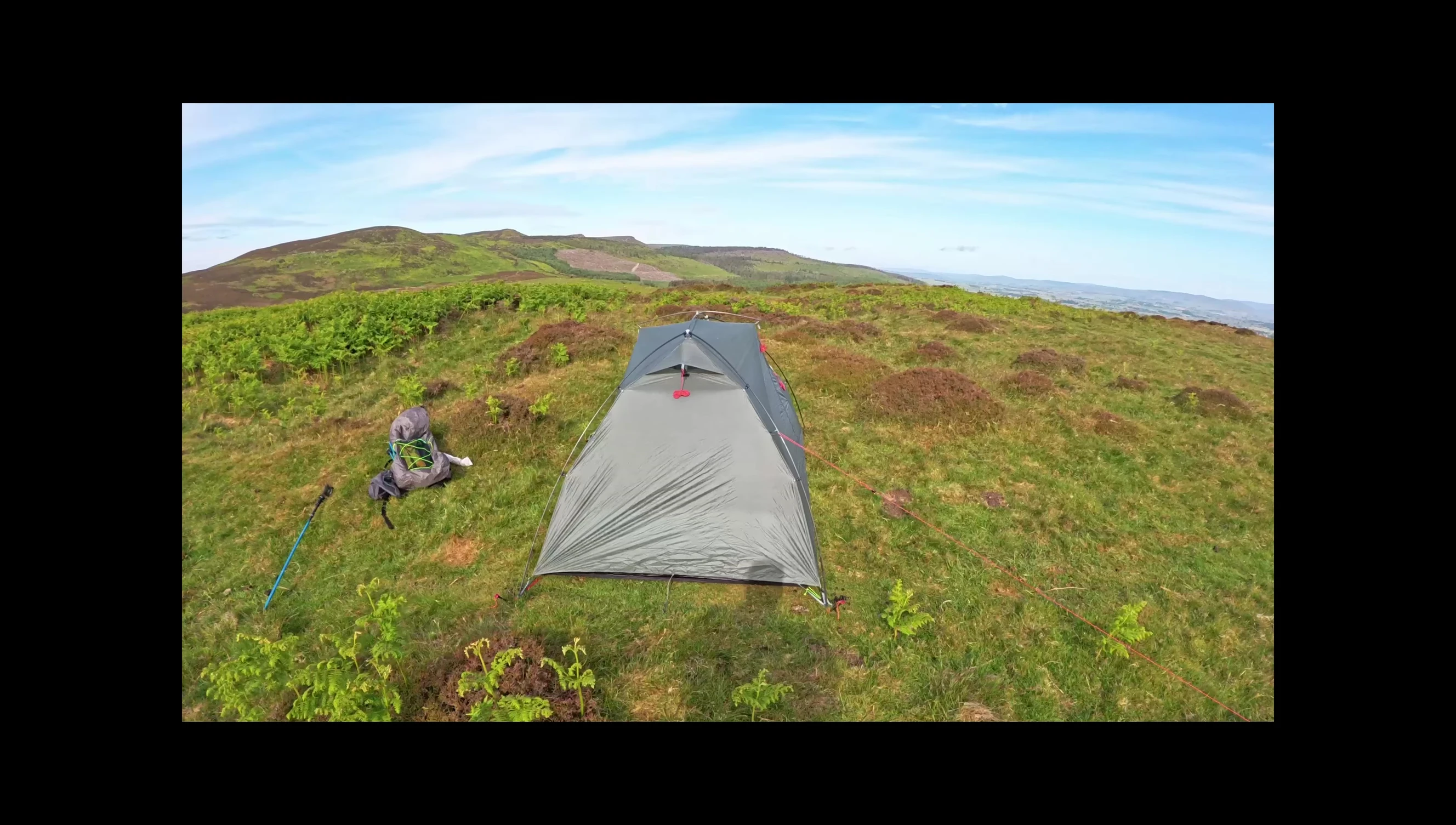 Close-up shot of the fully pitched tent showcasing the carbon fiber vent strips.