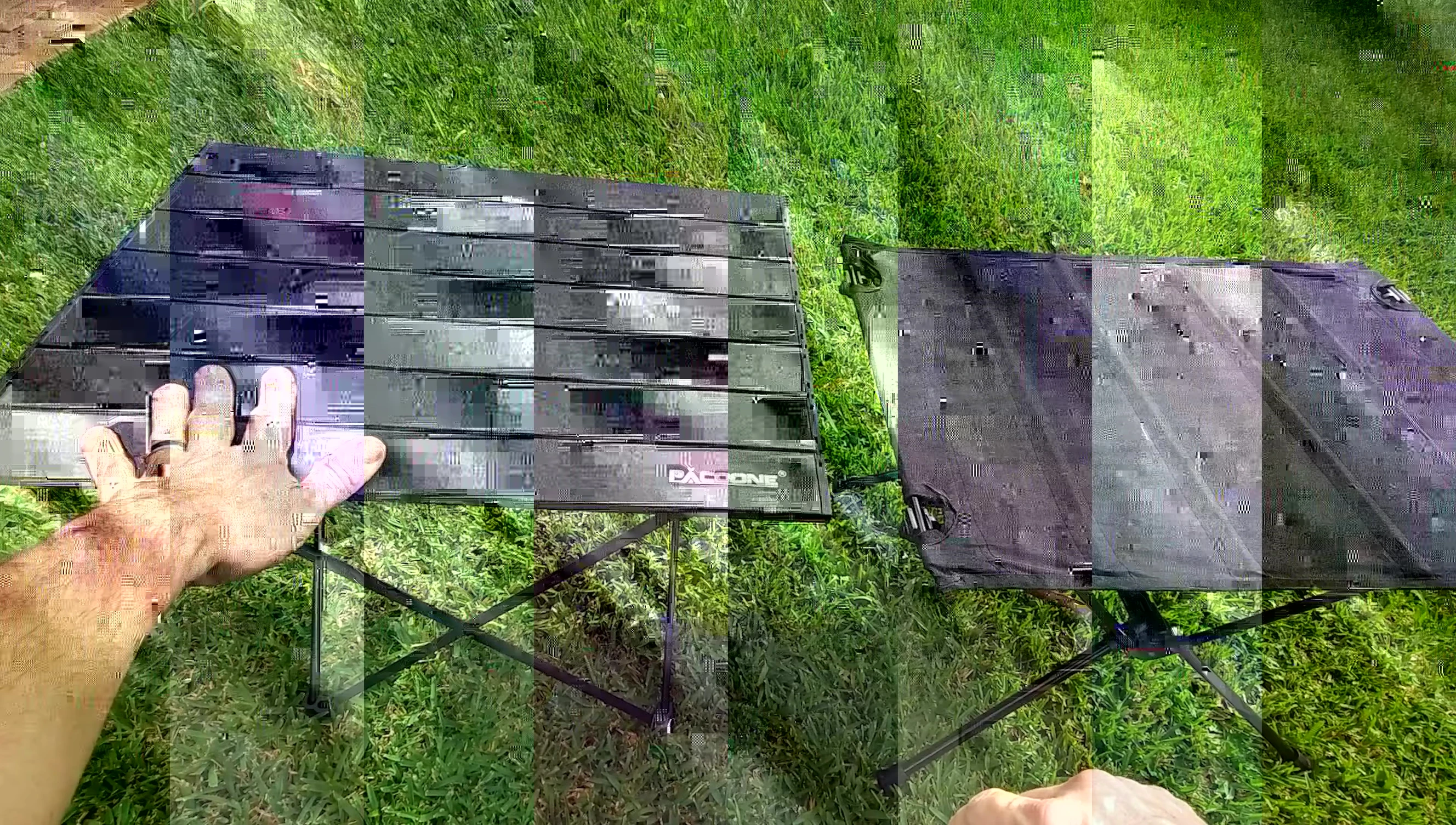 Close-up of the aluminum table top