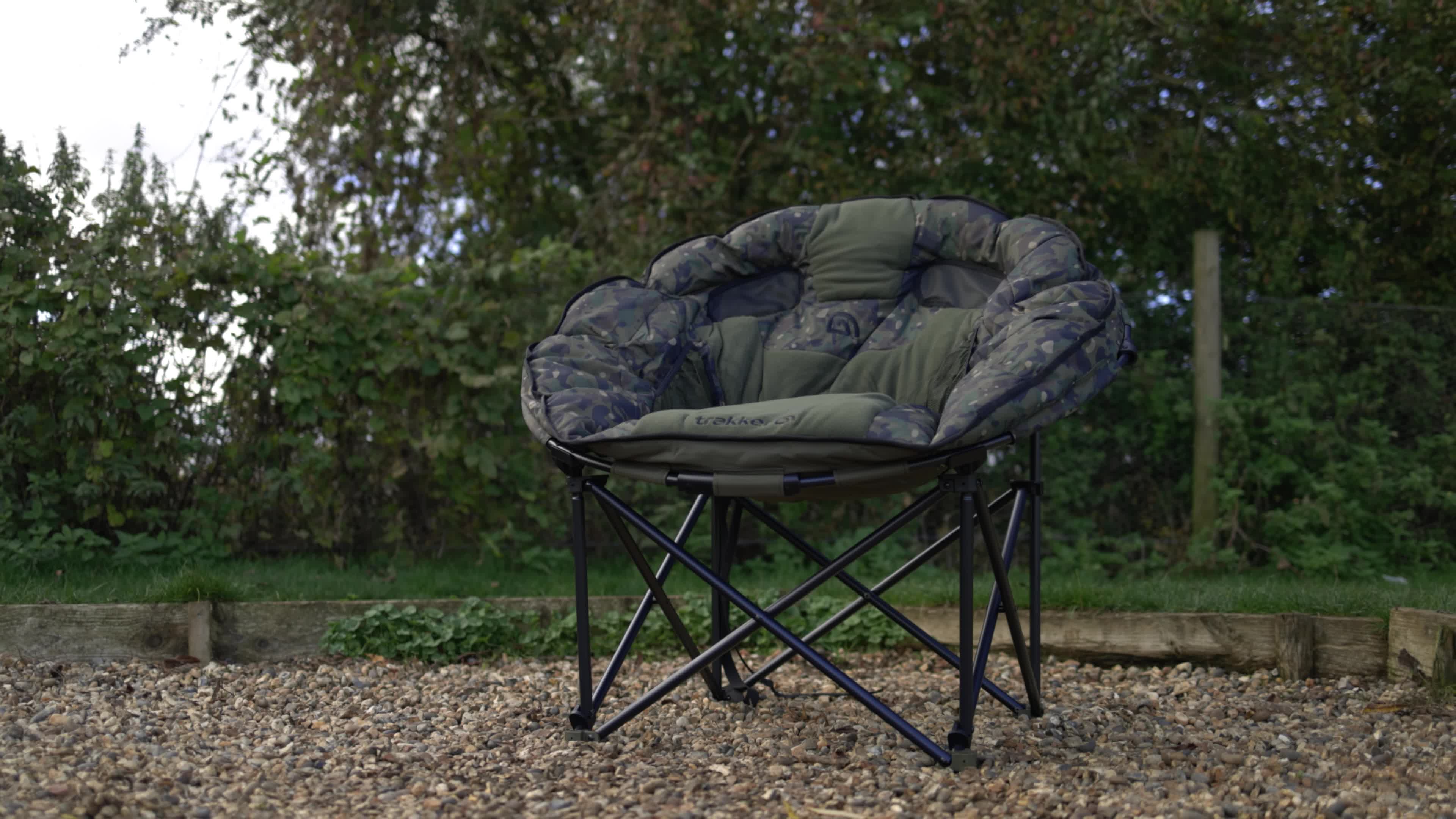 Close-up of the Trakker Luna Camo chair showcasing its comfortable design.