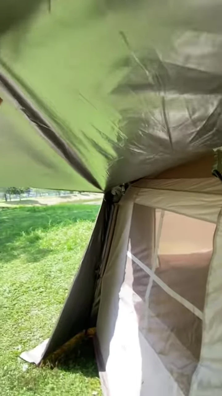 Showing the silver coating on the tent fabric.