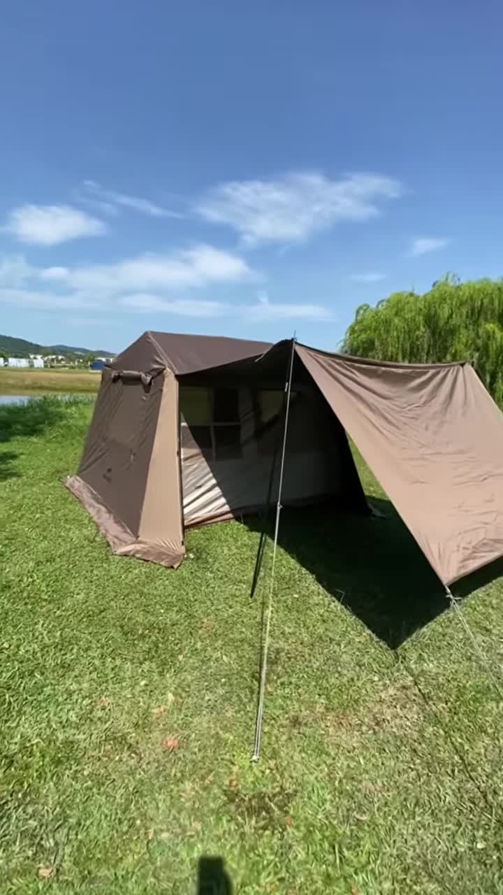 Close-up shot showcasing the tent's brown color and design.