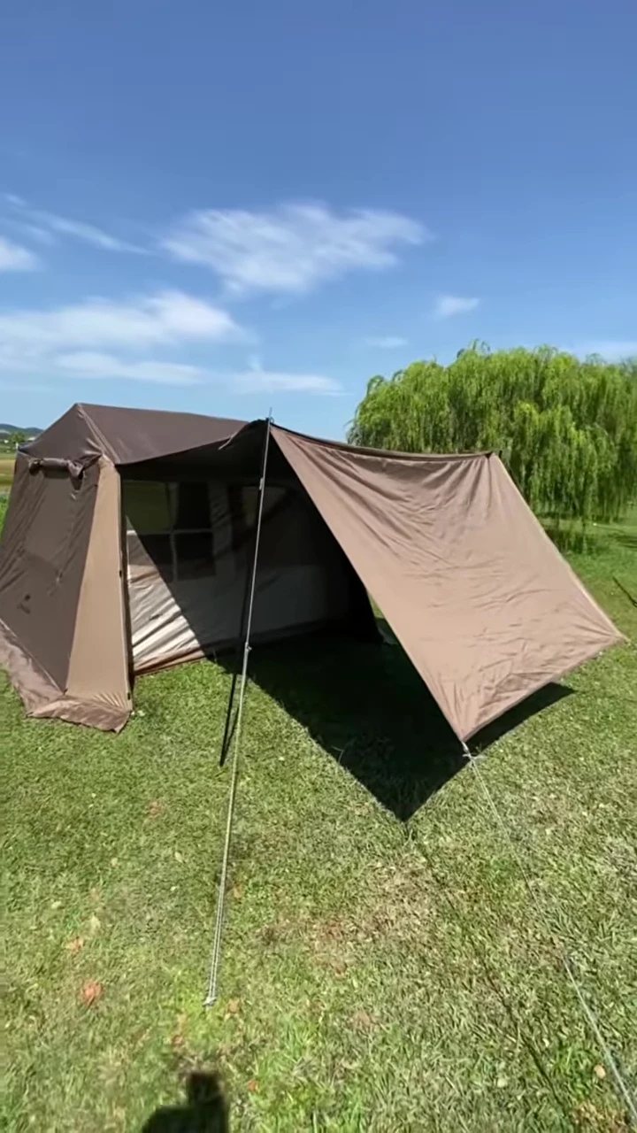 The extendable awning, showing its zipped-up and extended state.