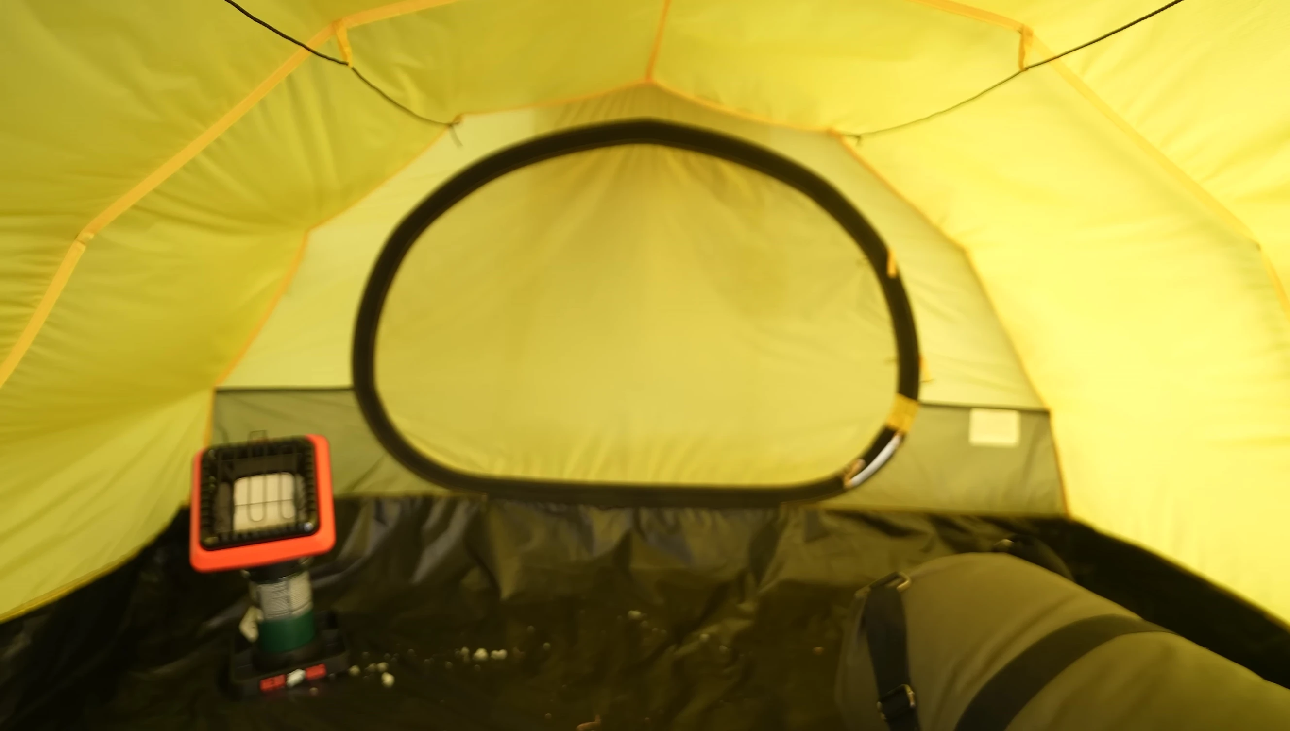 Interior of the low profile tent showing limited space