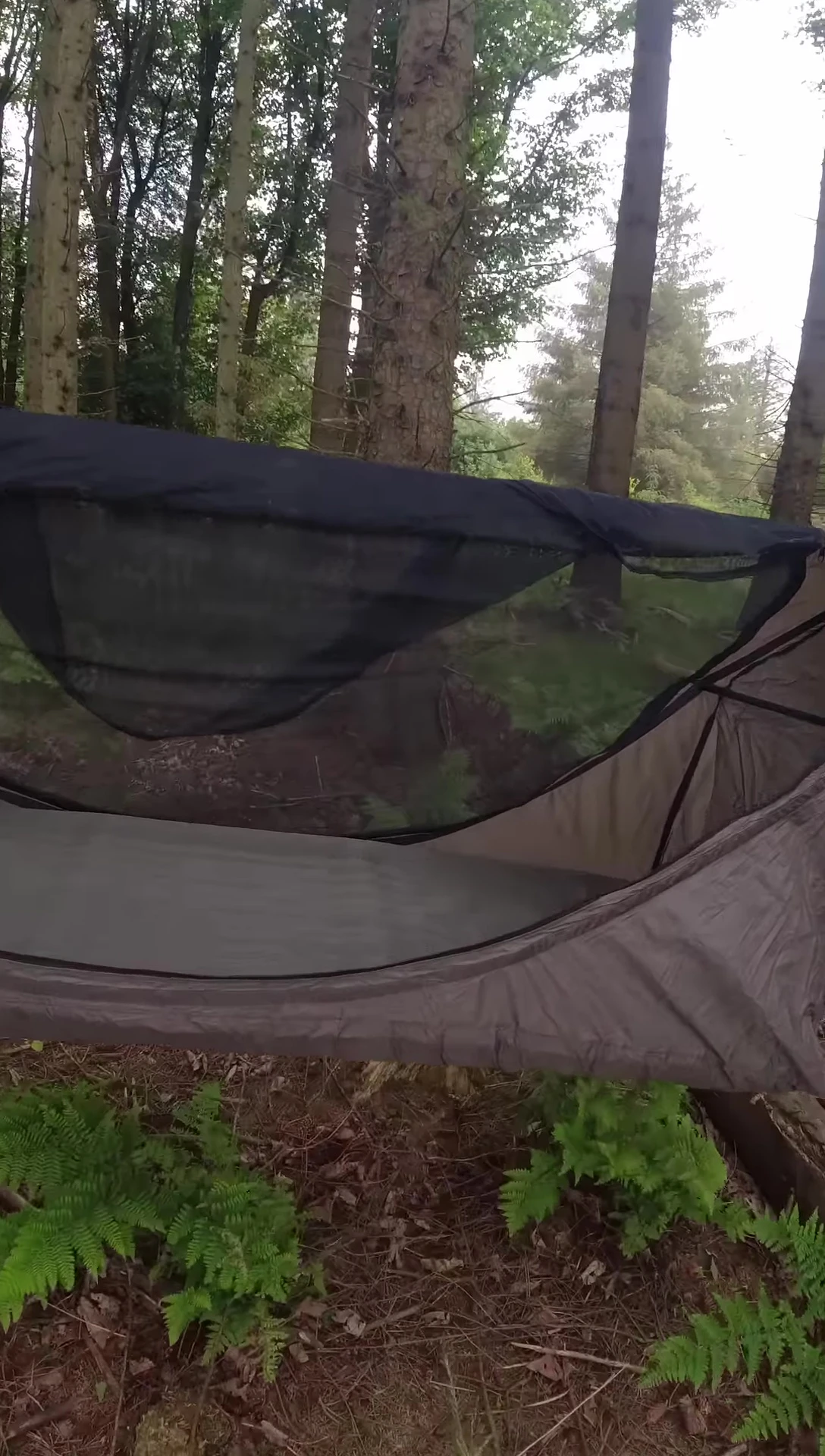 The fully pitched hammock with inflated air mattress.