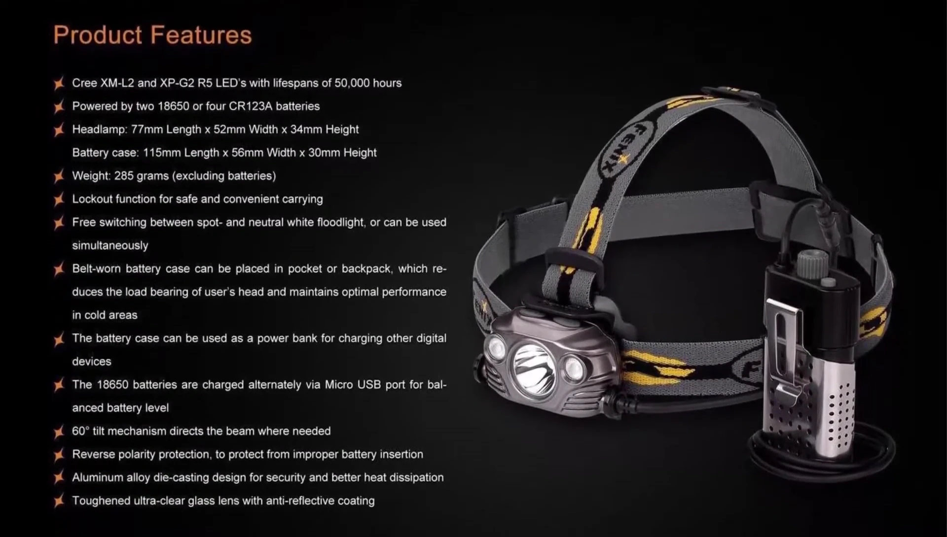 Fenix HP30R showing its battery compartment and USB port