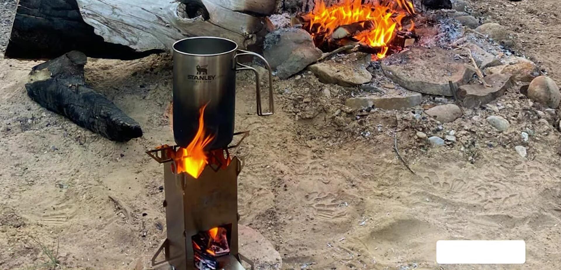 The French Press being used outdoors.